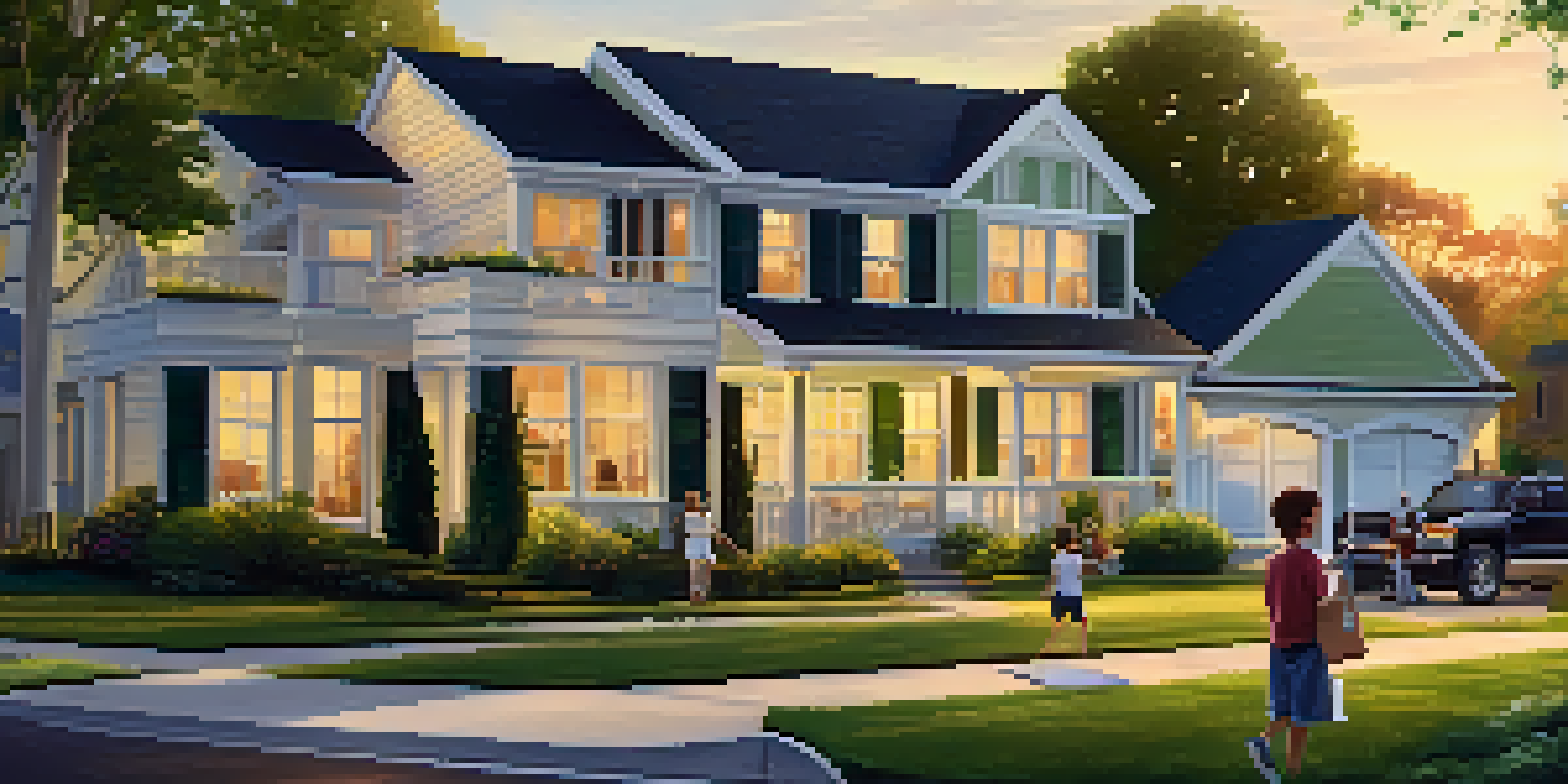 A suburban neighborhood at sunset with a family discussing HOA rules.