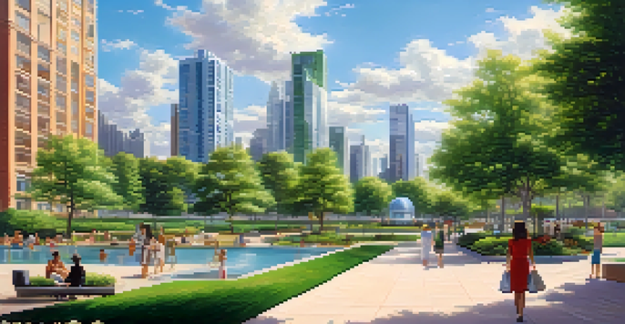 A modern skyline with various real estate buildings, a green park in the foreground, and a blue sky.