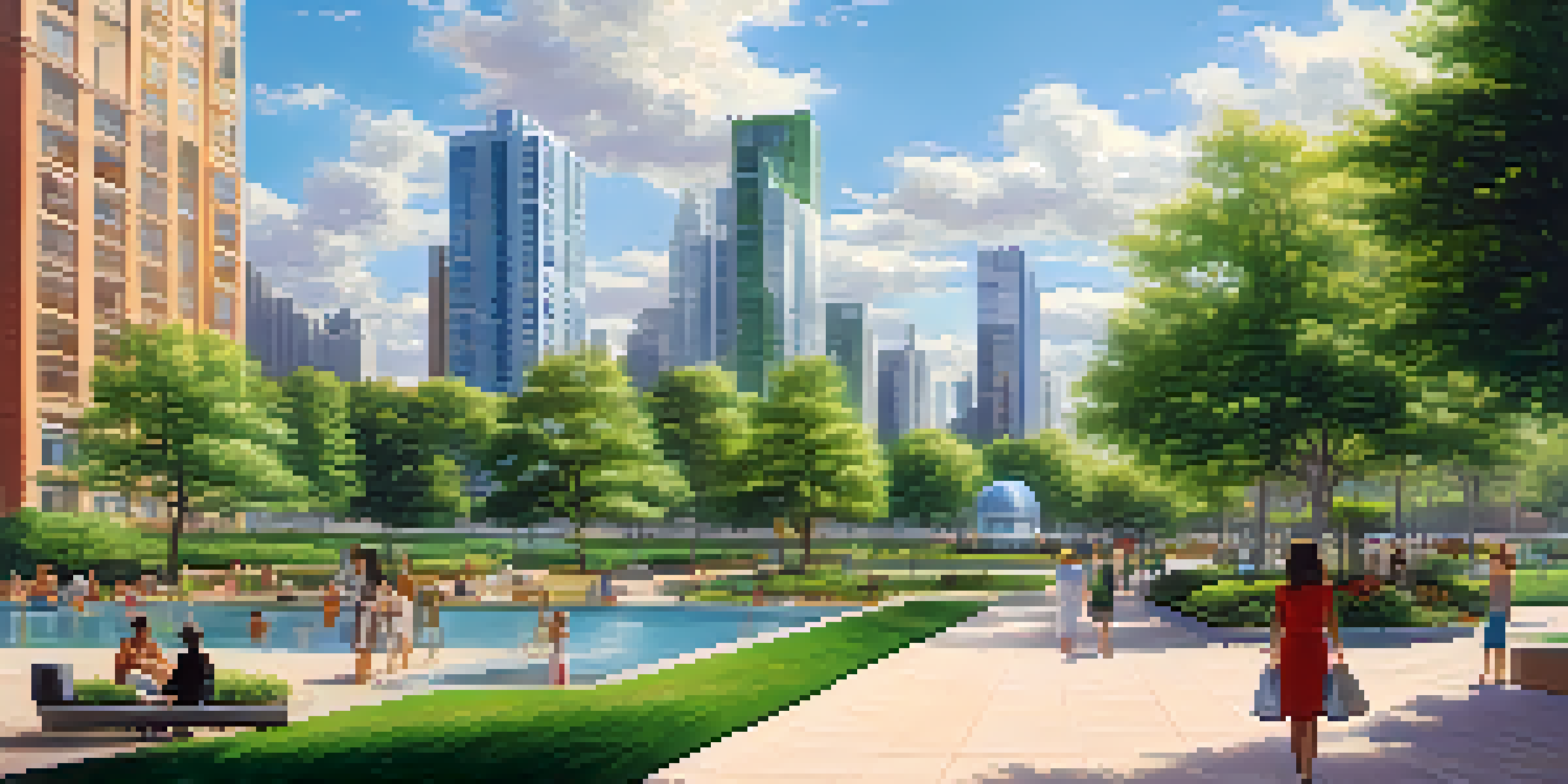A modern skyline with various real estate buildings, a green park in the foreground, and a blue sky.