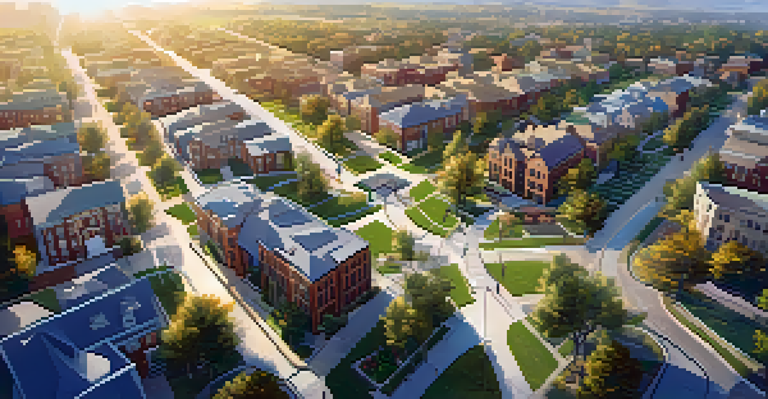 An aerial view of a neighborhood with properties, parks, and a digital overlay of GIS data points.