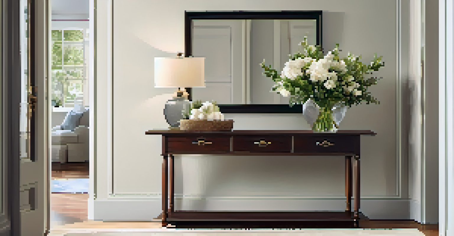 A welcoming home entryway with fresh flowers, warm lighting, and a neutral color palette.