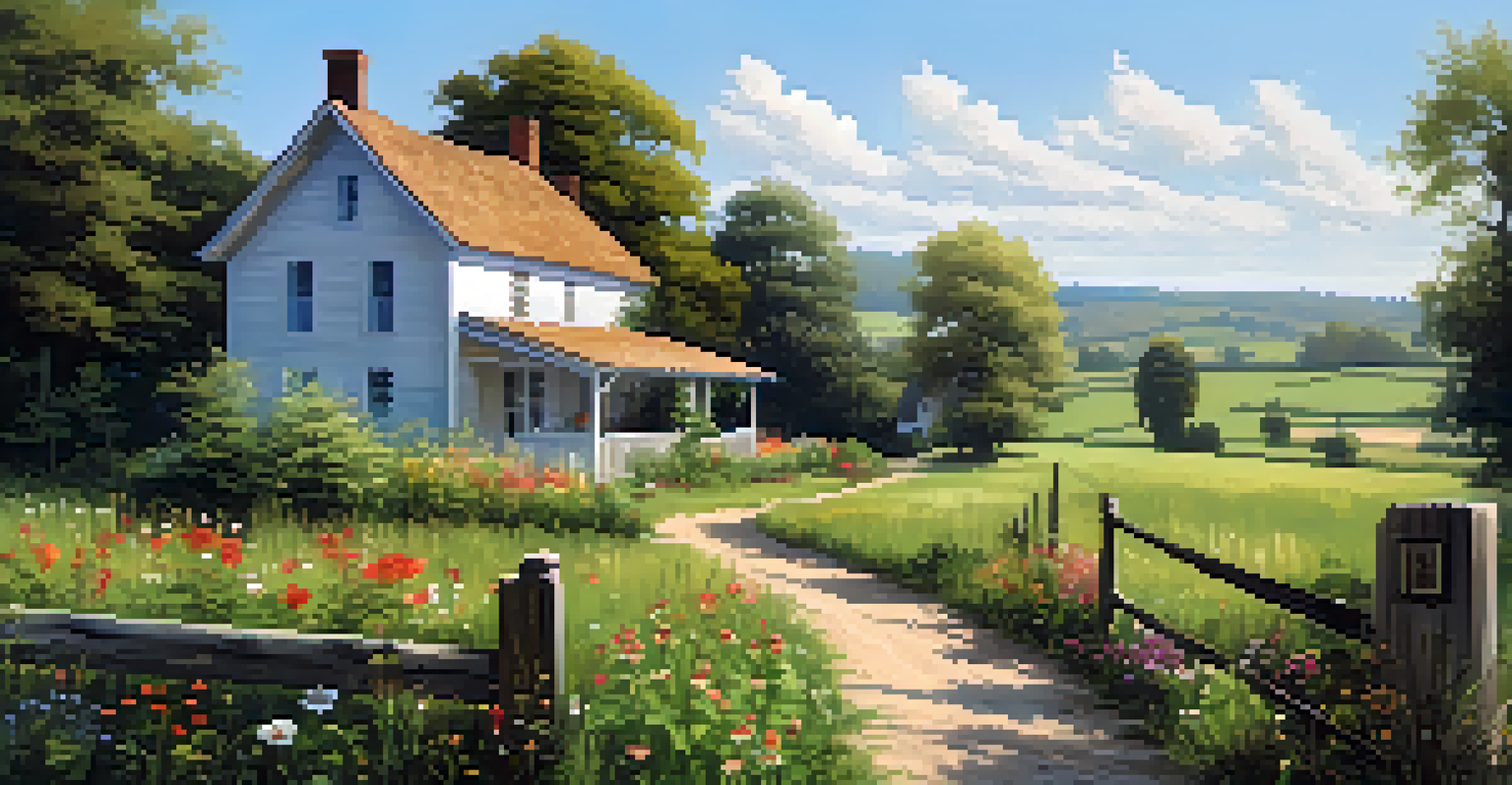 A serene rural landscape with a charming farmhouse, green fields, and a dirt path lined with wildflowers under a clear blue sky.