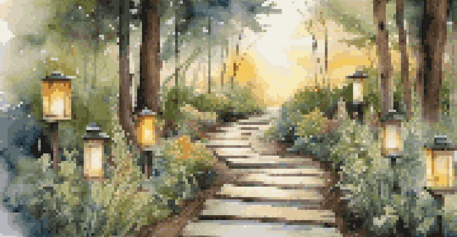 A winding garden pathway made of reclaimed wood, surrounded by native plants and lit by soft solar lanterns at dusk.
