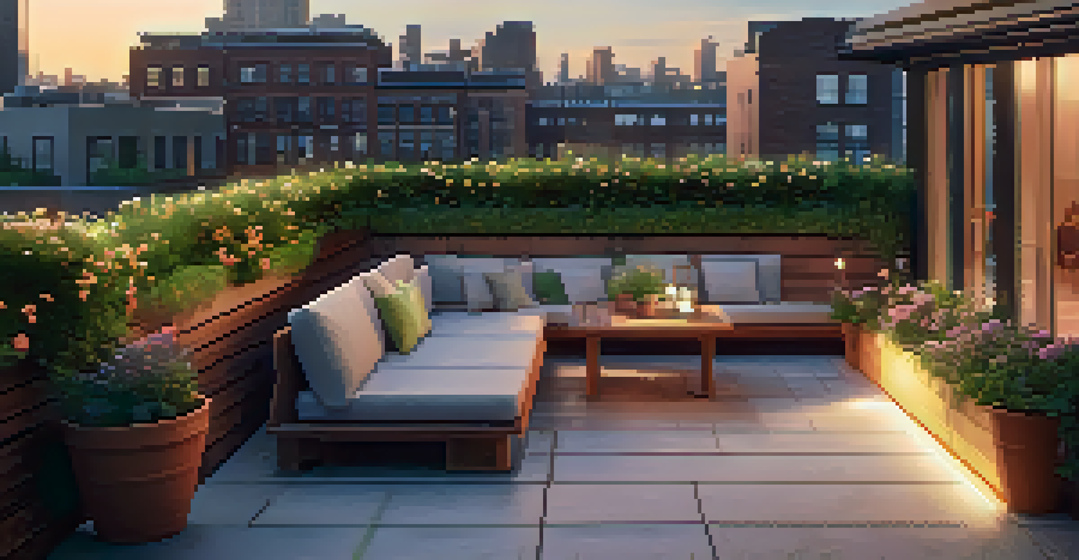 A cozy rooftop terrace with flowers, illuminated by a warm sunset, creating a peaceful atmosphere.