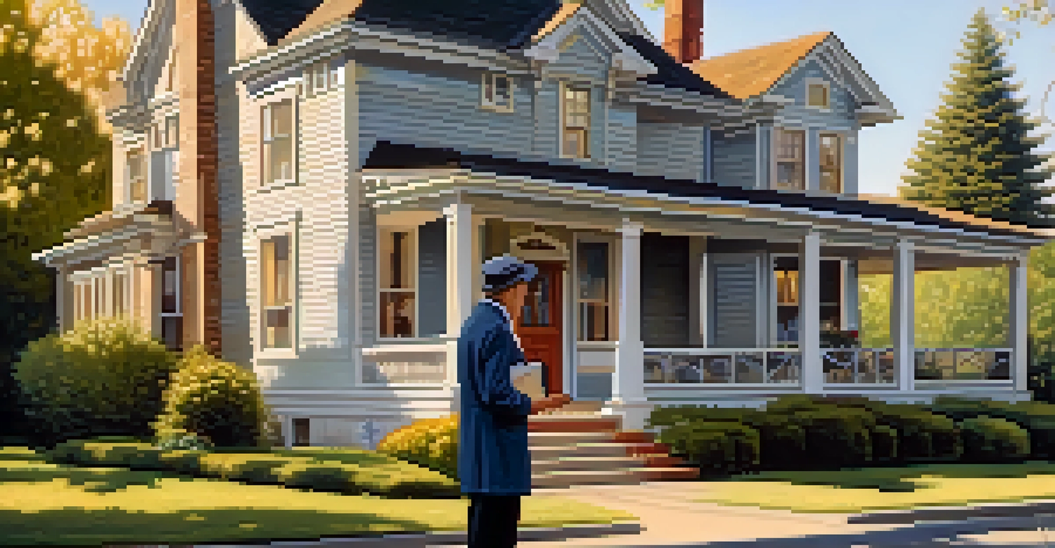 An appraiser examining a vintage home with a clipboard, focusing on exterior details in soft afternoon light.