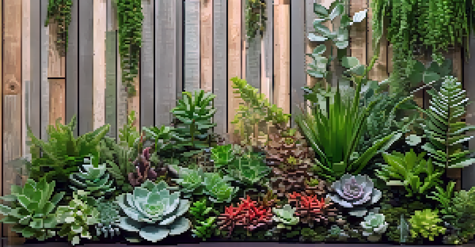 An indoor garden wall filled with various plants, showcasing different textures and colors against a wooden backdrop.