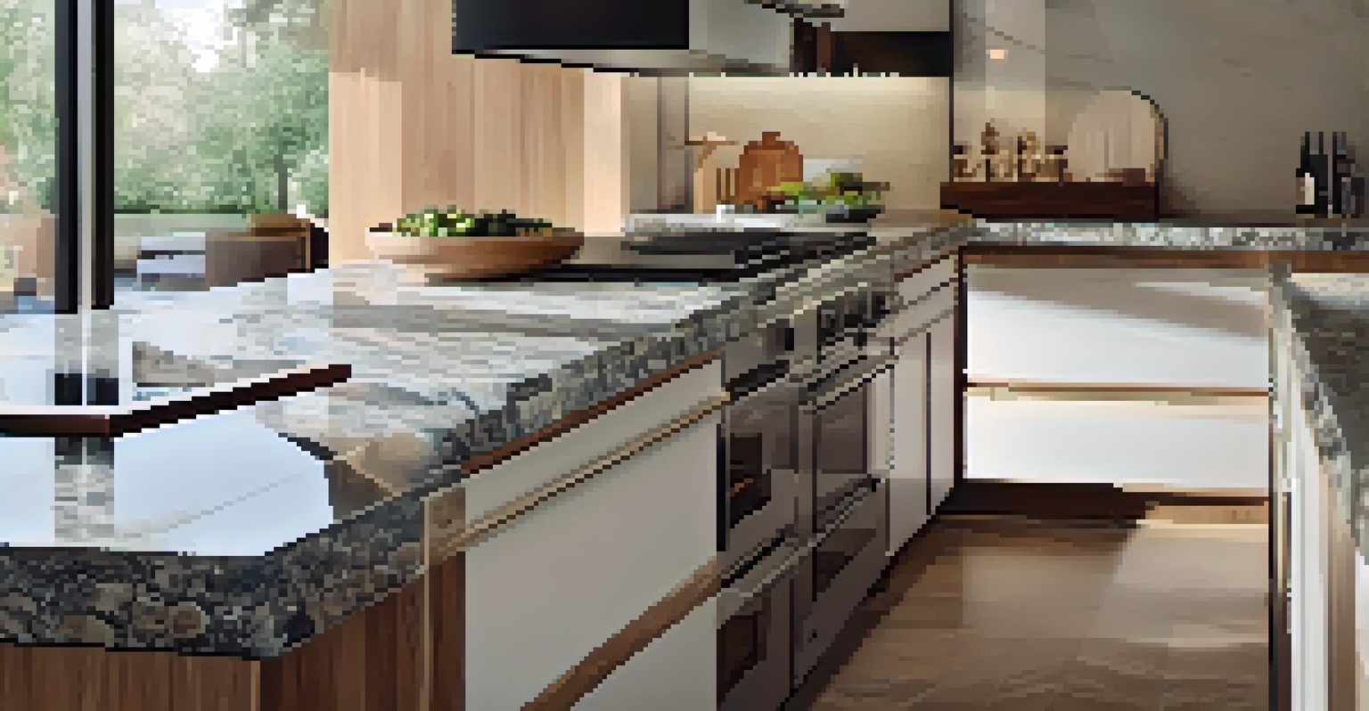 Close-up of granite countertops in a stylish kitchen, showcasing natural patterns and reflections with modern cabinets in the background.