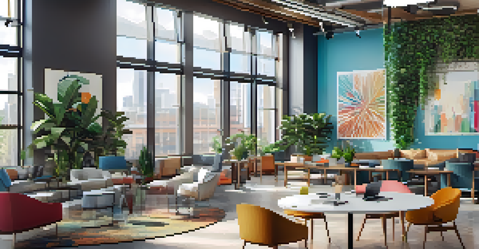 An open concept office space featuring collaborative workstations, a lounge area, and bright artwork, designed for creativity and teamwork.