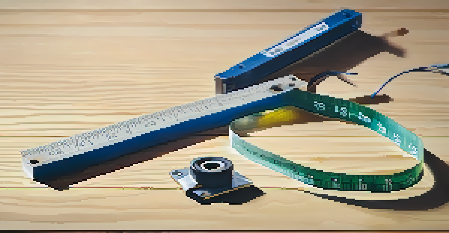 Measuring tape, level, and square on a wooden surface, with a DIY furniture project in the background.