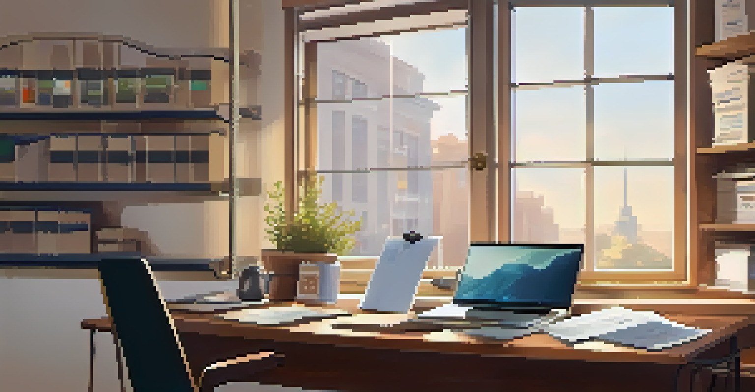 A desk displaying rental application forms and a laptop, set in a bright office space with a bookshelf and natural light.