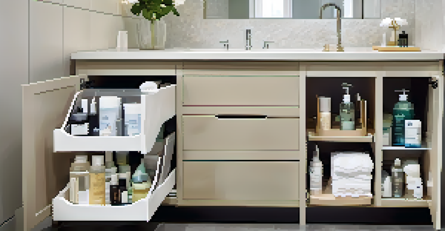 An under-sink storage area in a bathroom with pull-out drawers and bins filled with cleaning supplies and toiletries, under soft lighting.