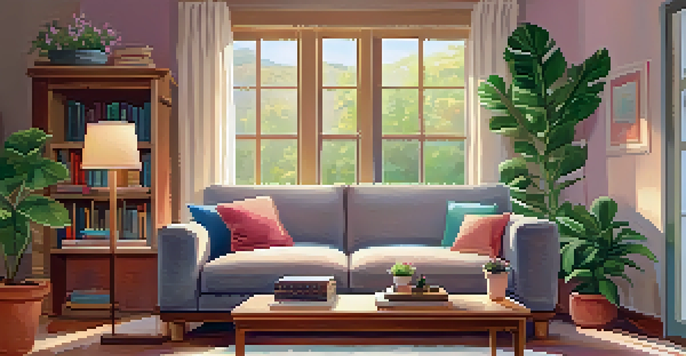 A cozy living room with a sofa, coffee table, and window view of a garden.