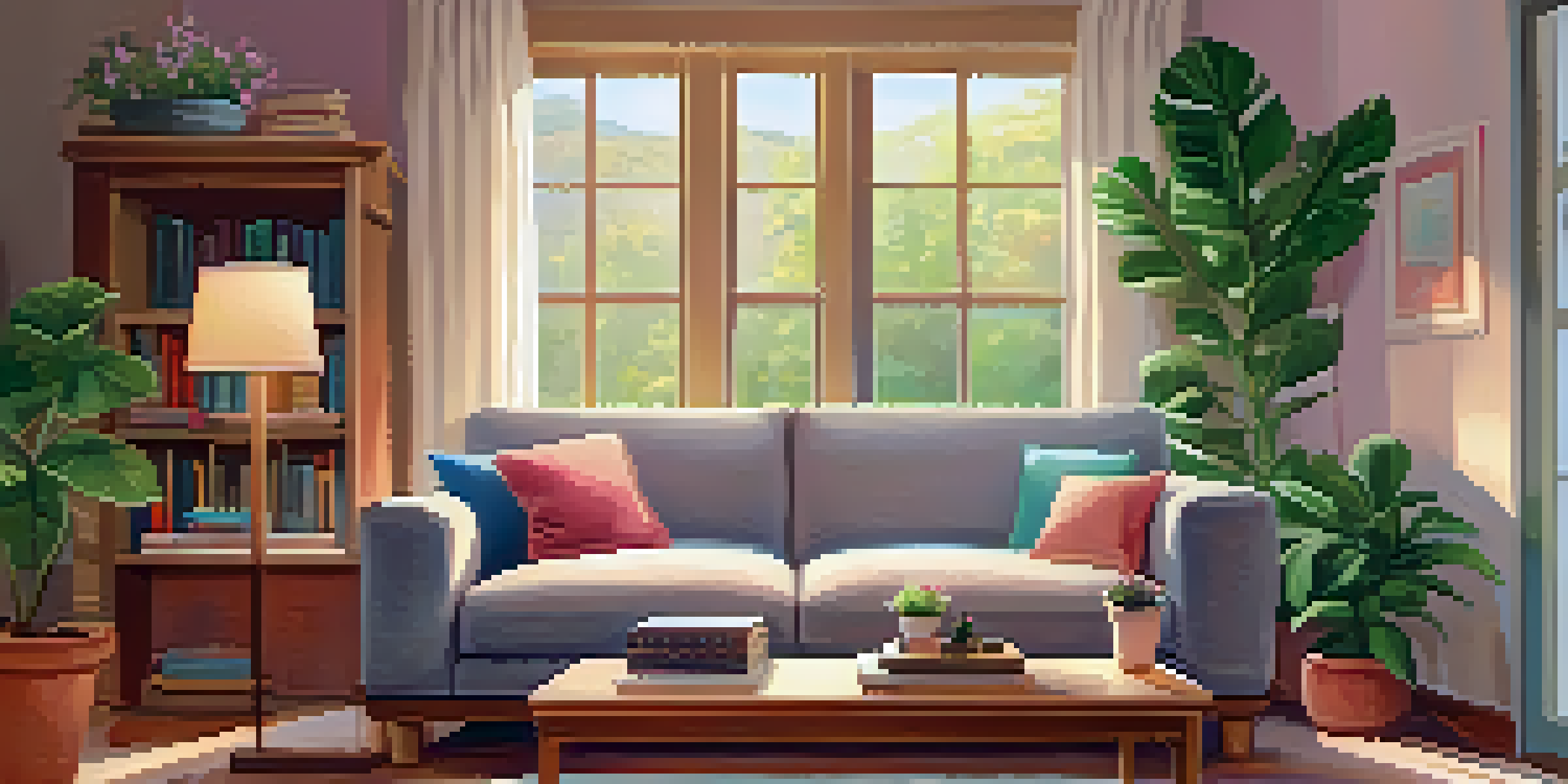 A cozy living room with a sofa, coffee table, and window view of a garden.