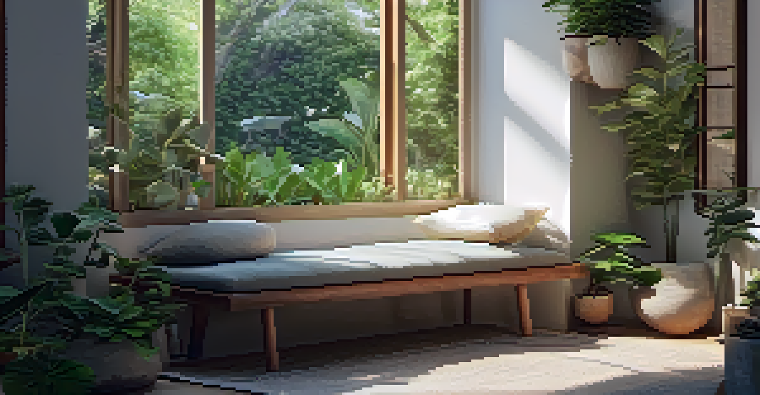 A cozy meditation nook filled with greenery and soft lighting, designed for relaxation and mindfulness.