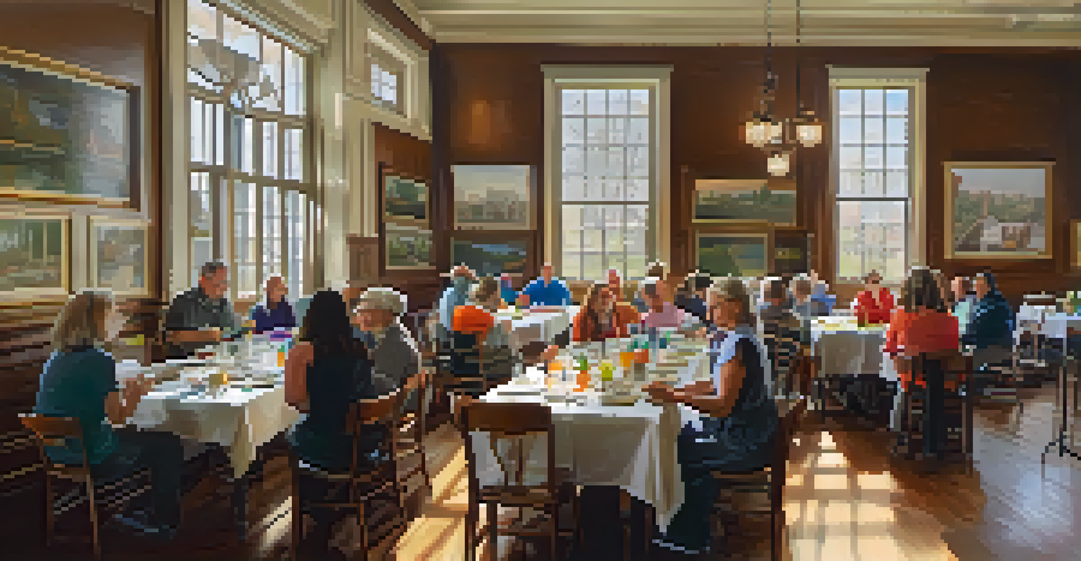 Residents participating in a community workshop inside a renovated historic building, surrounded by historical photographs and artifacts.