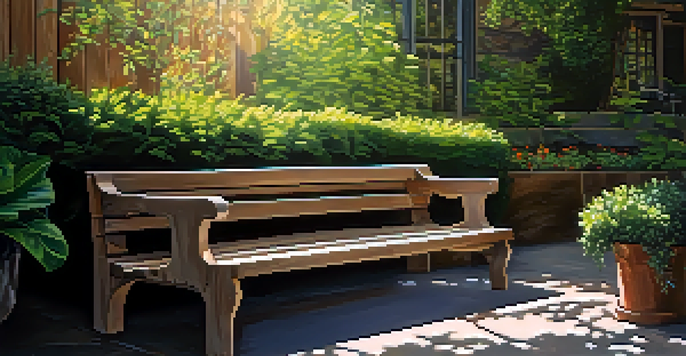An outdoor patio with a wooden bench surrounded by lush plants and dappled sunlight.