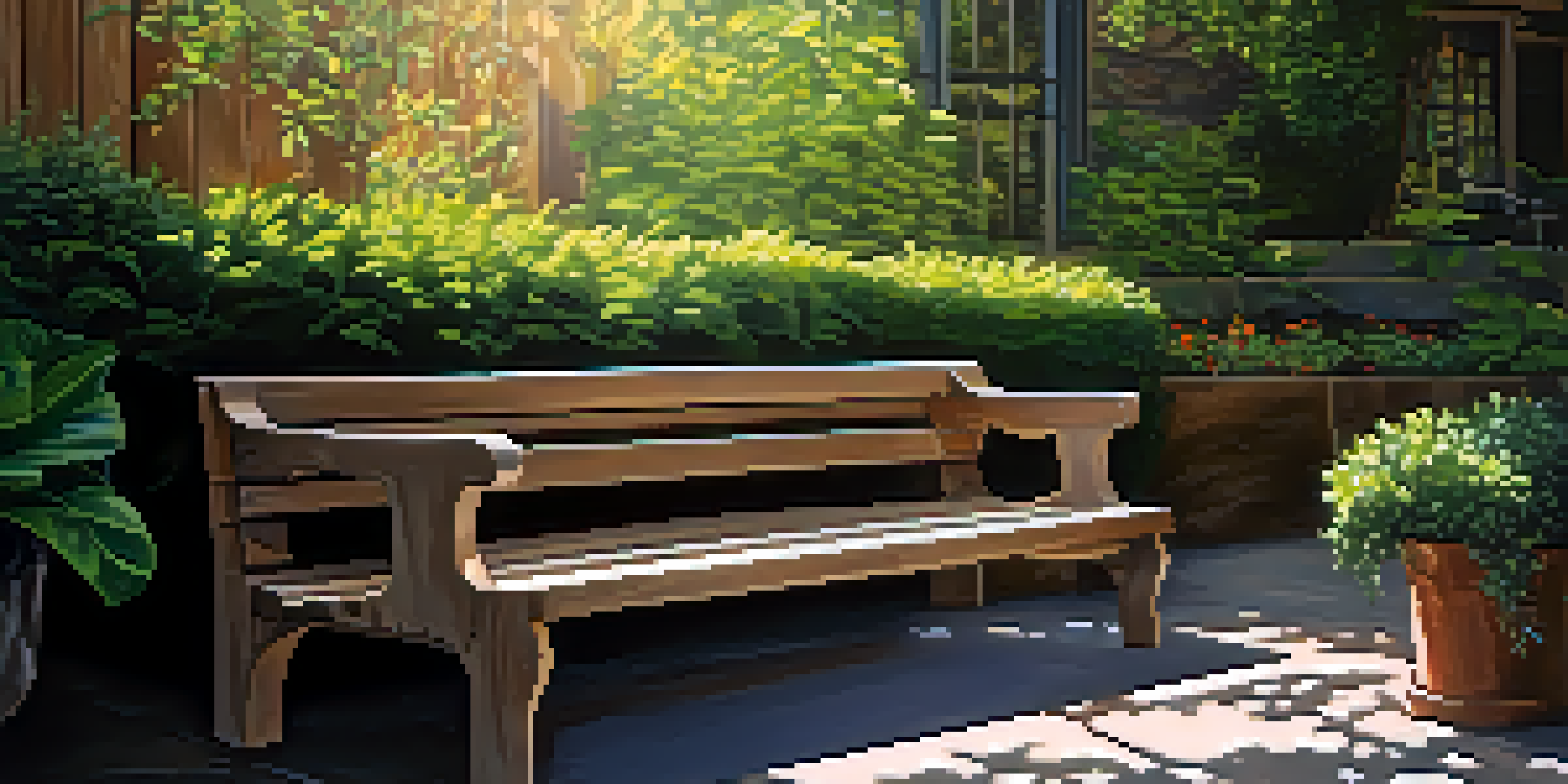 An outdoor patio with a wooden bench surrounded by lush plants and dappled sunlight.