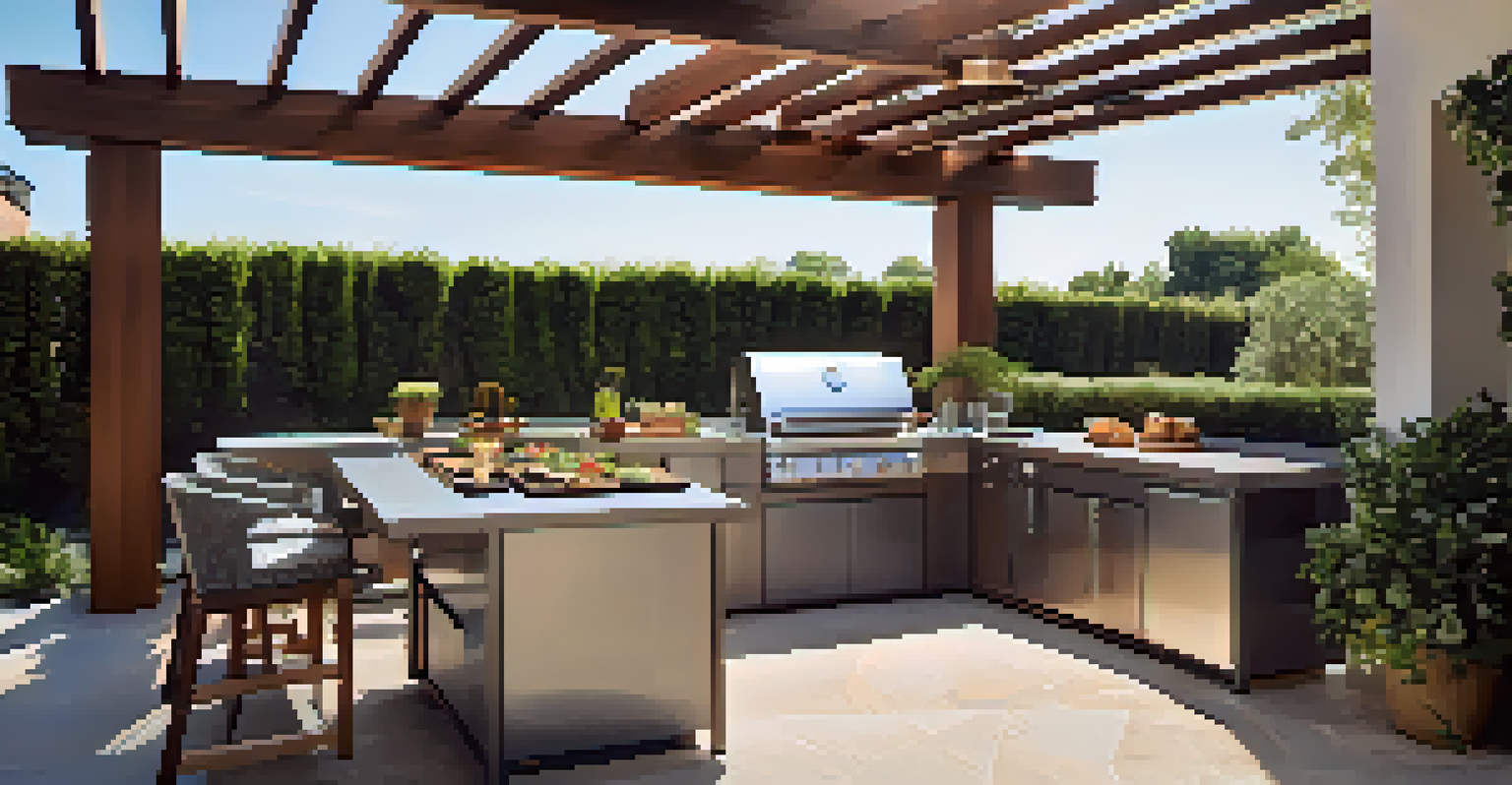 A modern outdoor kitchen with a grill station, dining area, and potted herbs, perfect for gatherings.