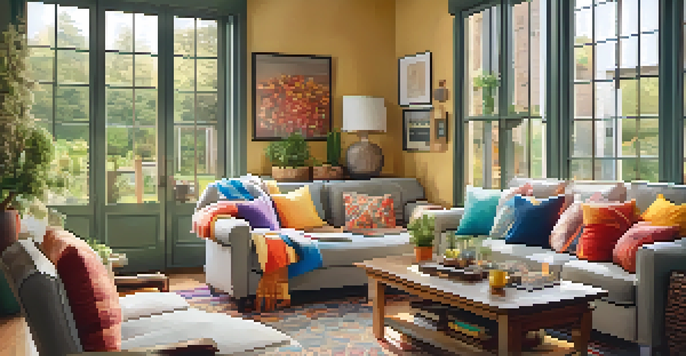 A warm and inviting living room with a sofa, coffee table, and garden views through large windows.