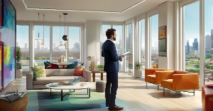 A real estate agent in a modern office, discussing property listings with a client while using a tablet.