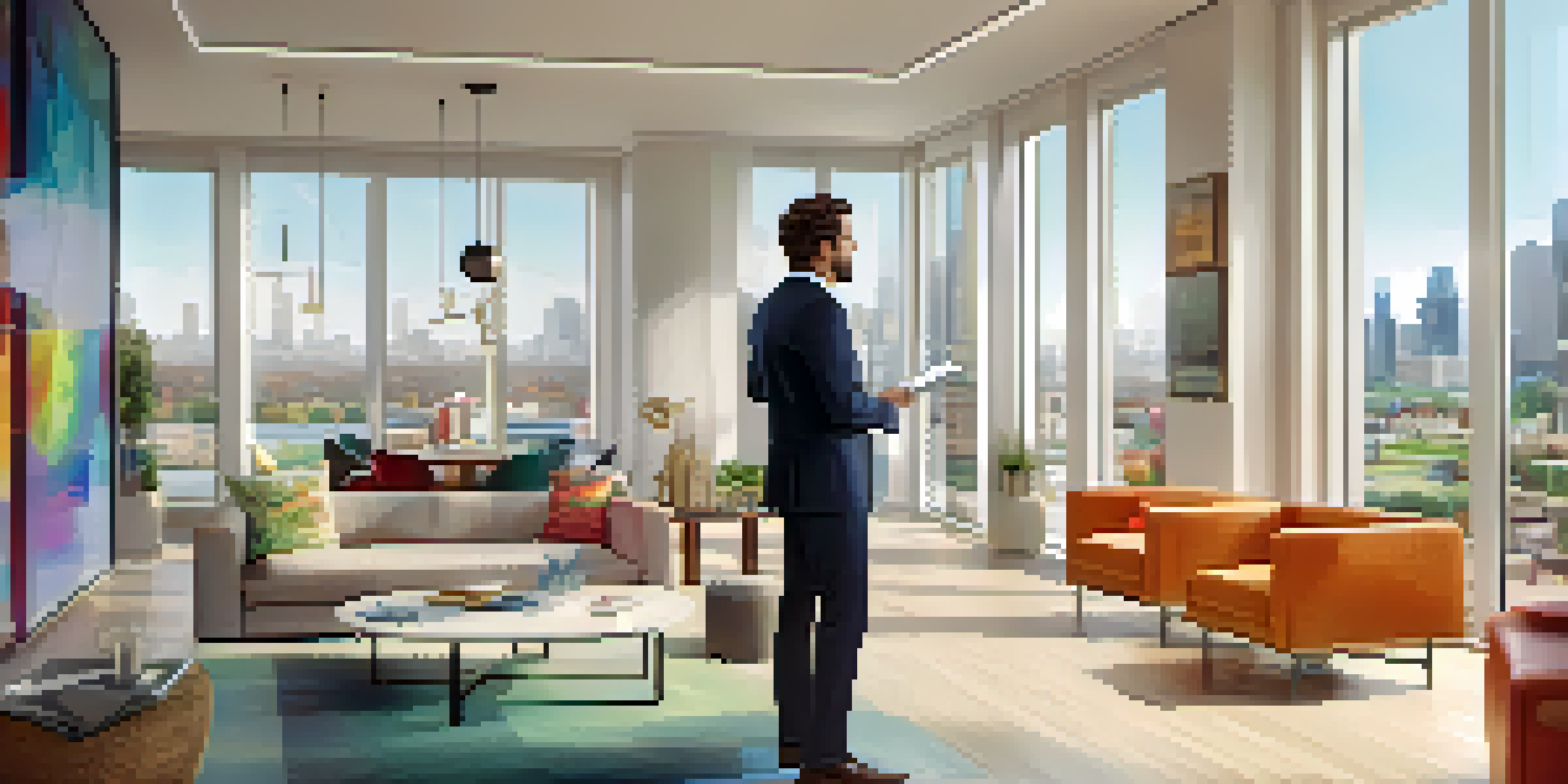 A real estate agent in a modern office, discussing property listings with a client while using a tablet.