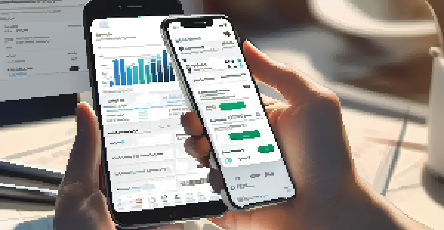 A close-up of a hand holding a smartphone showing a property management application. Stacks of digital receipts and a coffee cup are in the background.