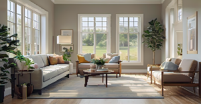 A cozy living room with wide hallways and accessible furniture, illuminated by natural light from large windows.
