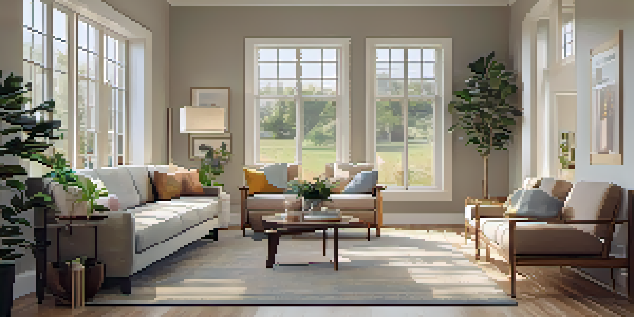A cozy living room with wide hallways and accessible furniture, illuminated by natural light from large windows.
