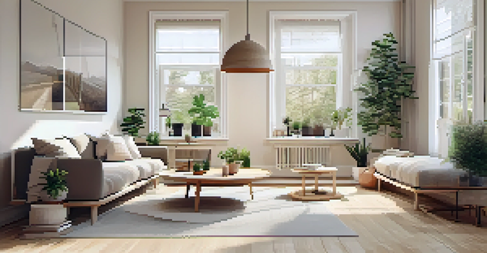 A bright Scandinavian living room with wooden accents, large windows, and stylish pendant lights creating an inviting atmosphere.