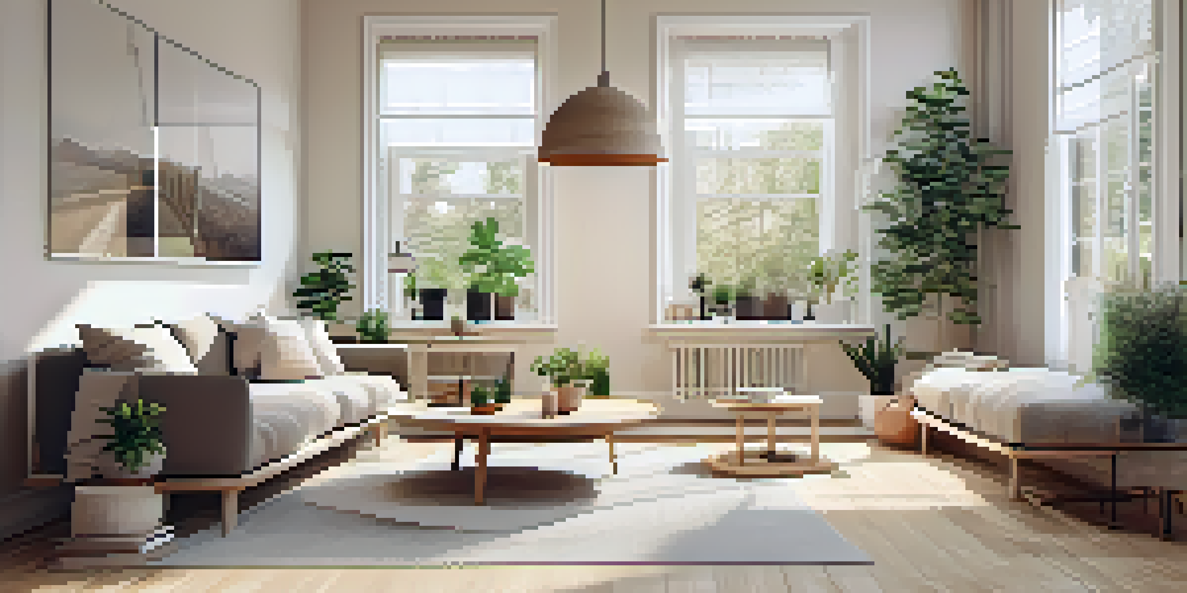 A bright Scandinavian living room with wooden accents, large windows, and stylish pendant lights creating an inviting atmosphere.