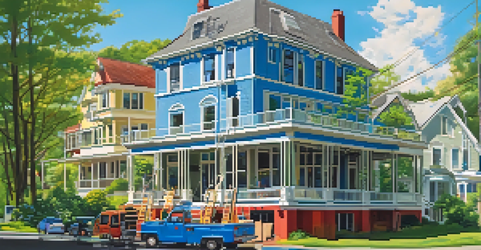 An exterior view of a house renovation in progress, featuring workers on scaffolding painting the building with a clear sky above.