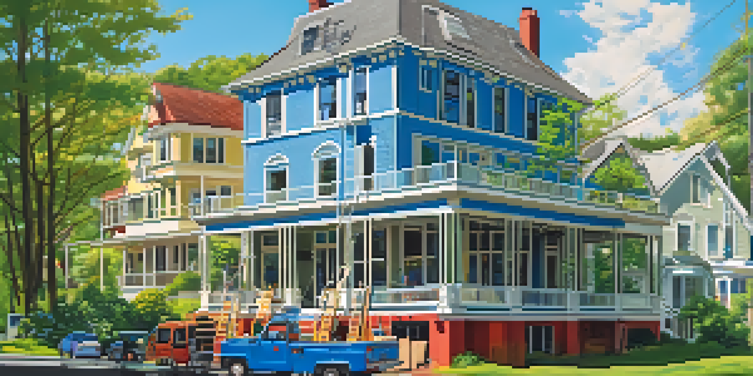 An exterior view of a house renovation in progress, featuring workers on scaffolding painting the building with a clear sky above.