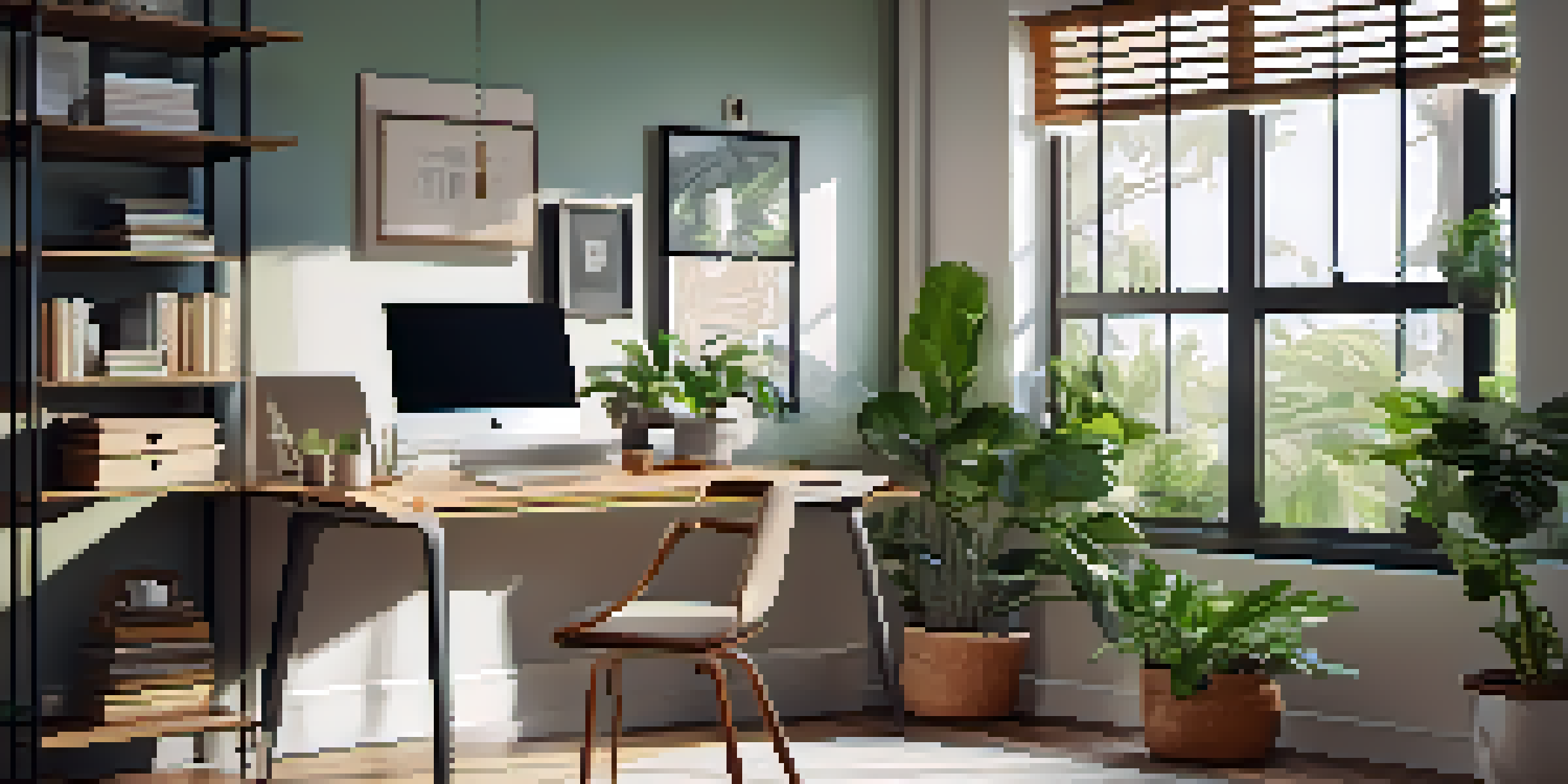 A bright and inviting home office with a sit-stand desk, ergonomic chair, and houseplants, illuminated by natural light from a window.