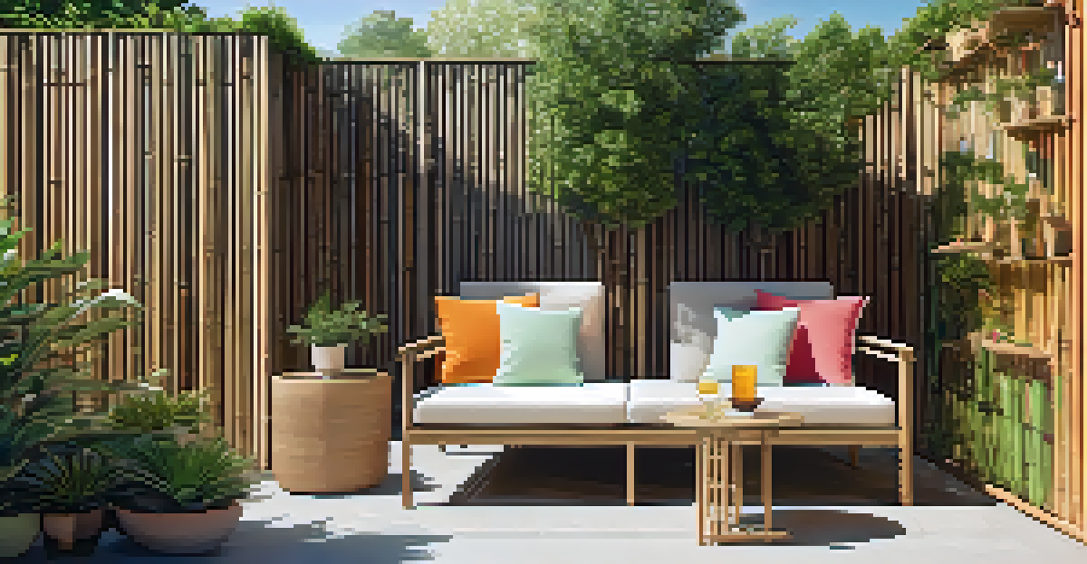 A compact outdoor seating area with foldable furniture and vibrant cushions surrounded by plants.