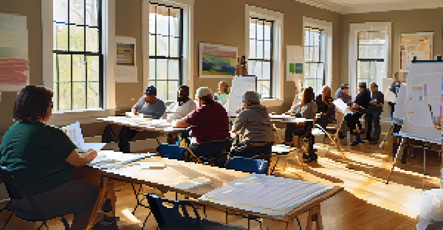 A community workshop on renovation financing with an instructor and engaged participants, with sunlight streaming through windows.
