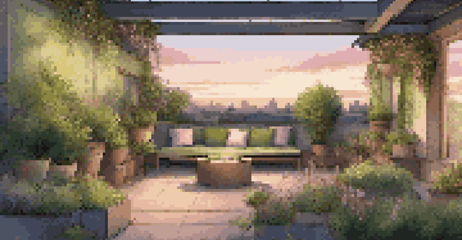 A cozy rooftop retreat with seating surrounded by diverse plants and soft evening lighting.