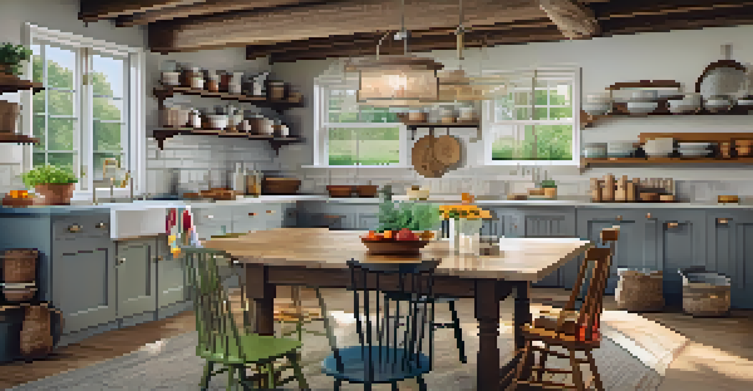 A farmhouse-style kitchen with a rustic dining table, vintage stove, and open shelving, giving a cozy and inviting ambiance.
