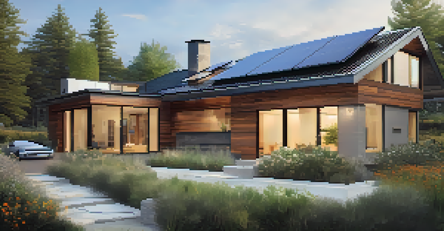 A sustainable modern home with solar panels and a beautiful garden, showcasing eco-friendly living.