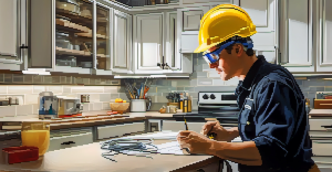 A home inspector checking electrical wiring in a kitchen with safety gear and tools, surrounded by modern cabinetry and bright lighting.