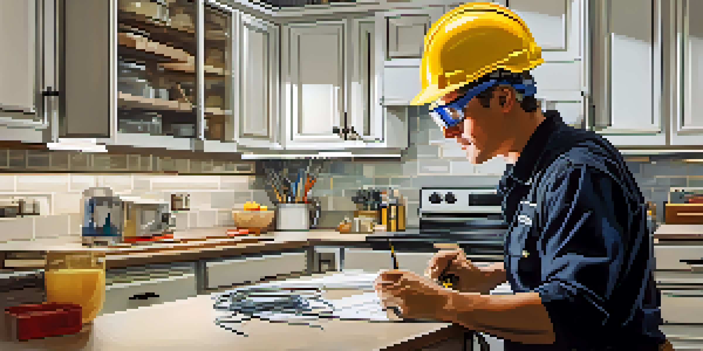 A home inspector checking electrical wiring in a kitchen with safety gear and tools, surrounded by modern cabinetry and bright lighting.
