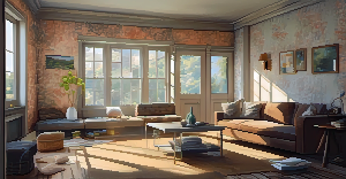 A living room in the middle of renovation, with sunlight shining in, a stripped wall, and renovation plans on a coffee table.