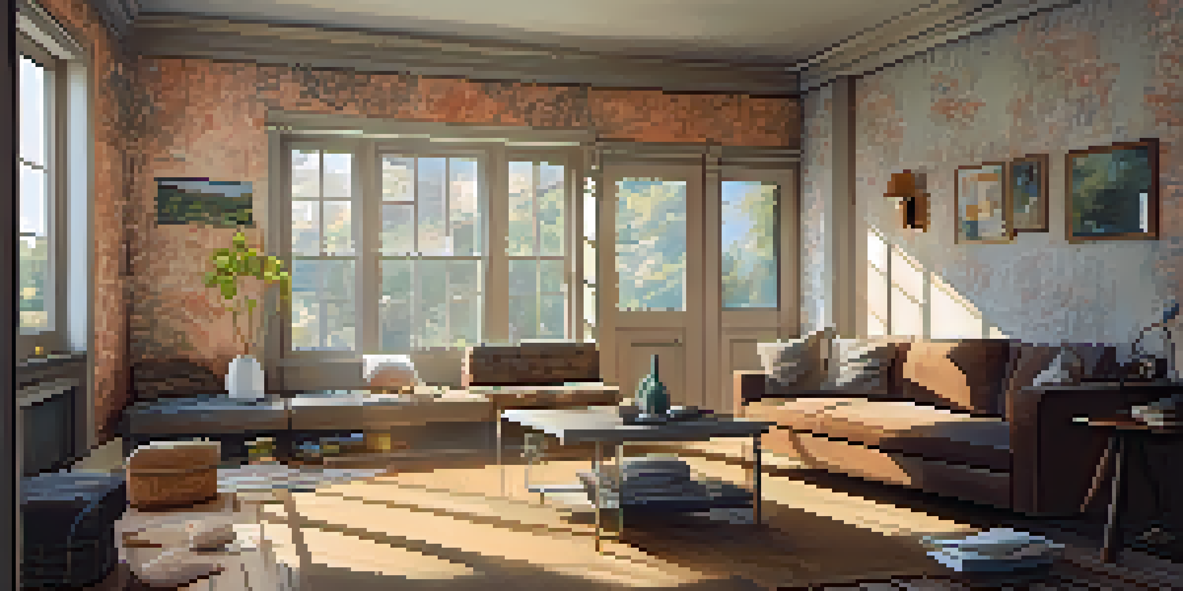 A living room in the middle of renovation, with sunlight shining in, a stripped wall, and renovation plans on a coffee table.