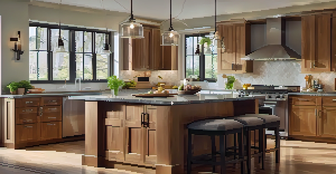 A spacious modern kitchen with a granite-topped island, wooden cabinets, and bright pendant lights, illuminated by natural sunlight.