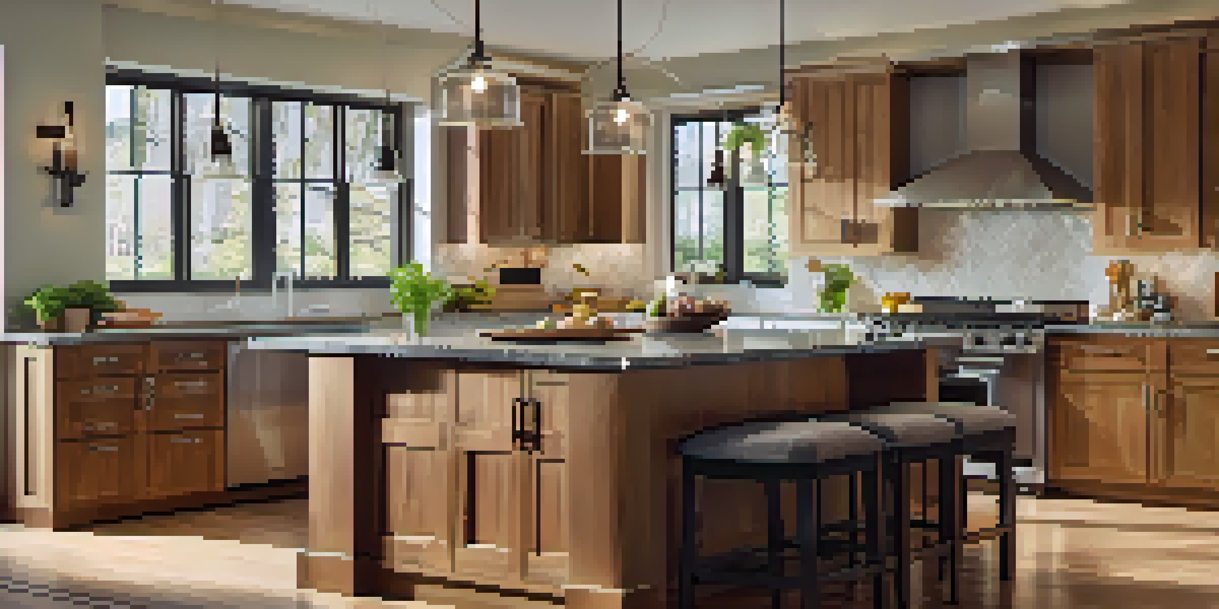 A spacious modern kitchen with a granite-topped island, wooden cabinets, and bright pendant lights, illuminated by natural sunlight.