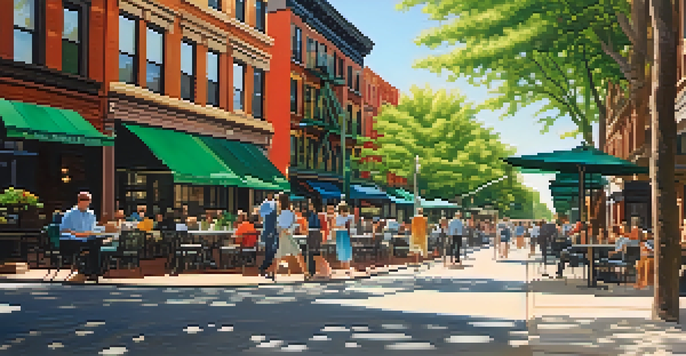 A busy city street filled with various rental properties, people walking, and cafes under sunlight.
