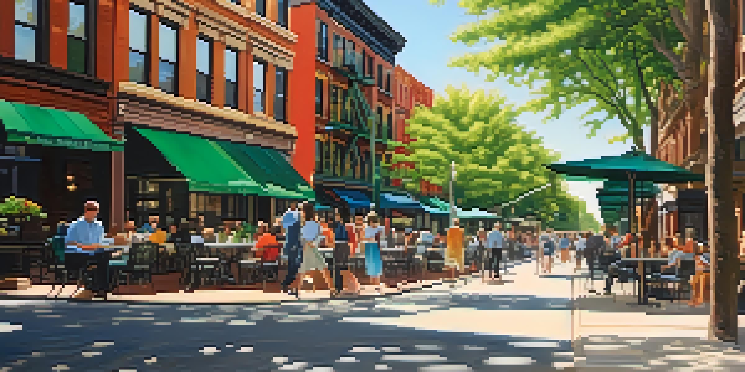 A busy city street filled with various rental properties, people walking, and cafes under sunlight.