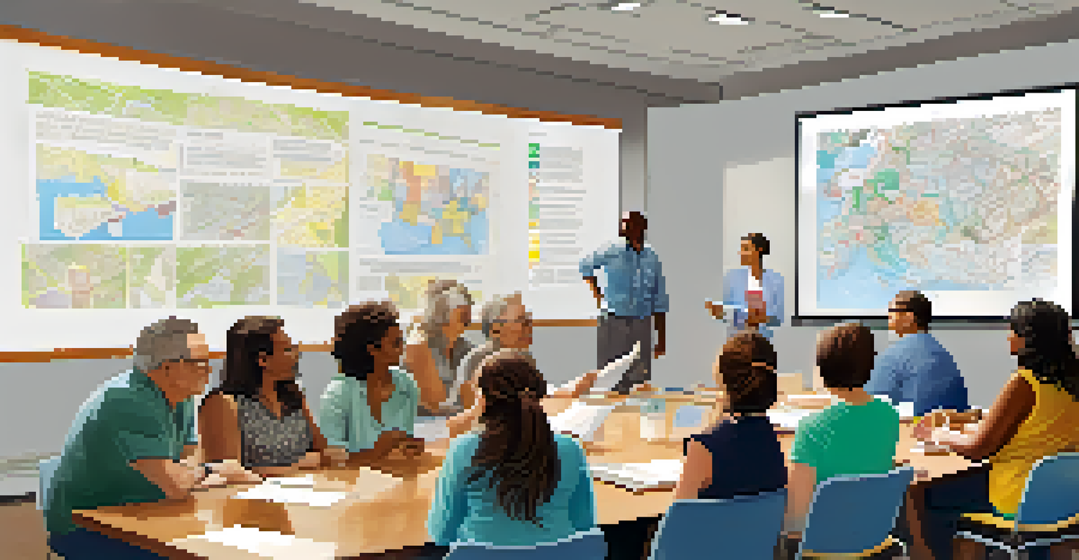 Residents participating in a community meeting about zoning laws, surrounded by charts and maps in a bright room.