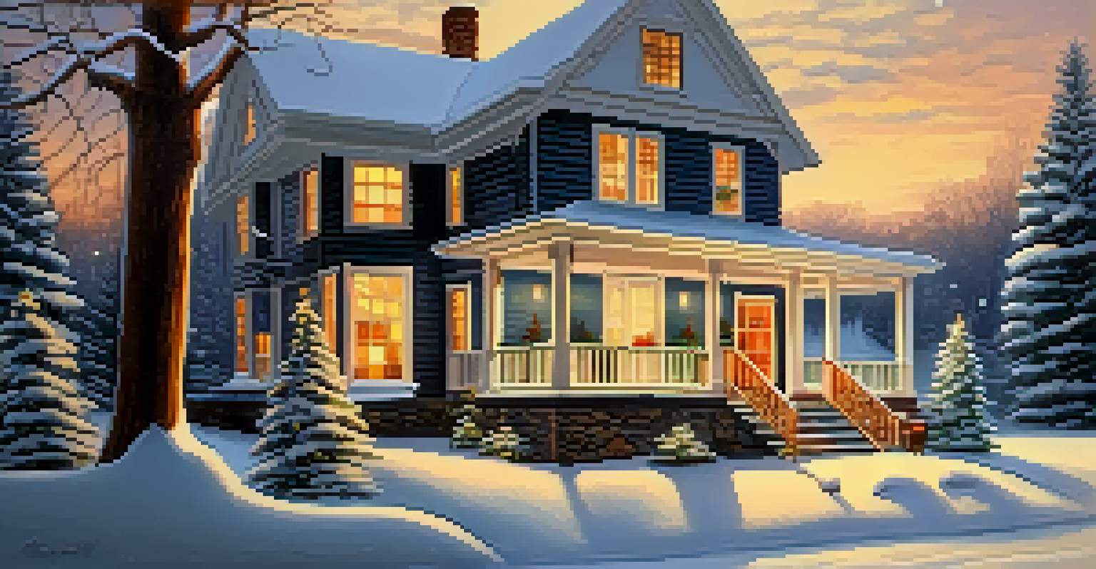 A warm and inviting home decorated for winter with snow falling outside, creating a cozy holiday atmosphere.