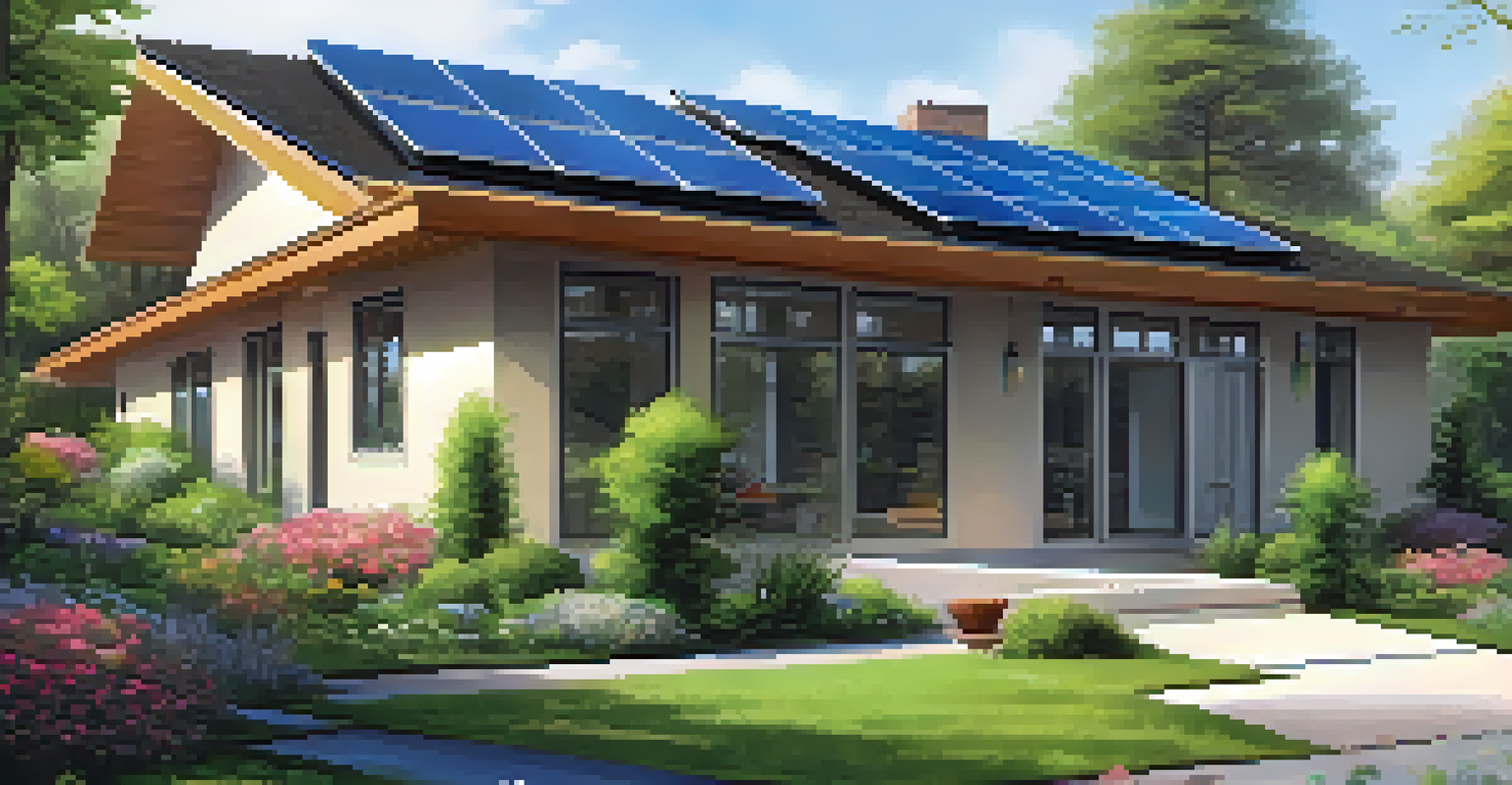 A modern home with solar panels on the roof, surrounded by greenery and colorful flowers.
