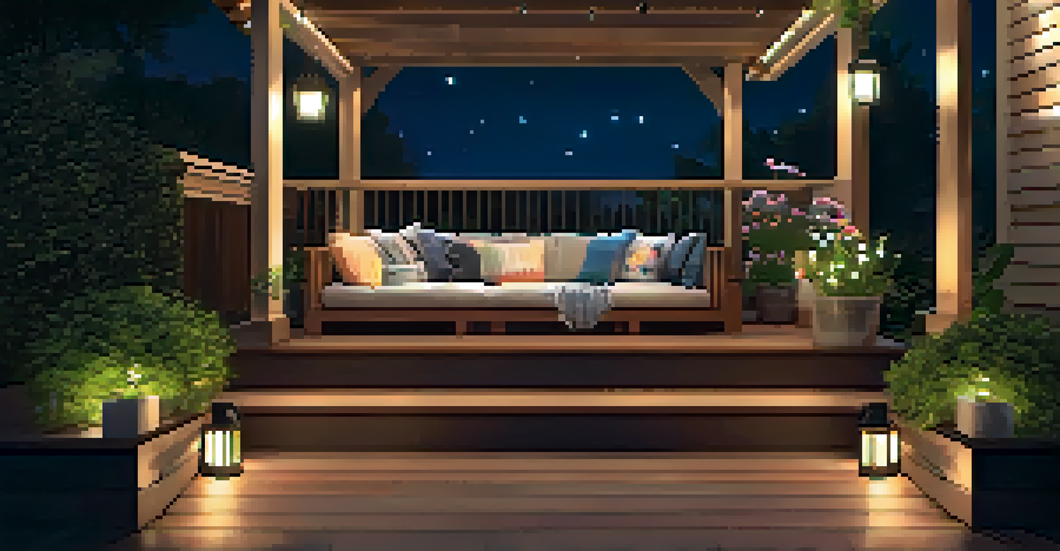 A nighttime view of an elegantly lit outdoor deck with recessed lighting, lanterns, and lush surrounding greenery.